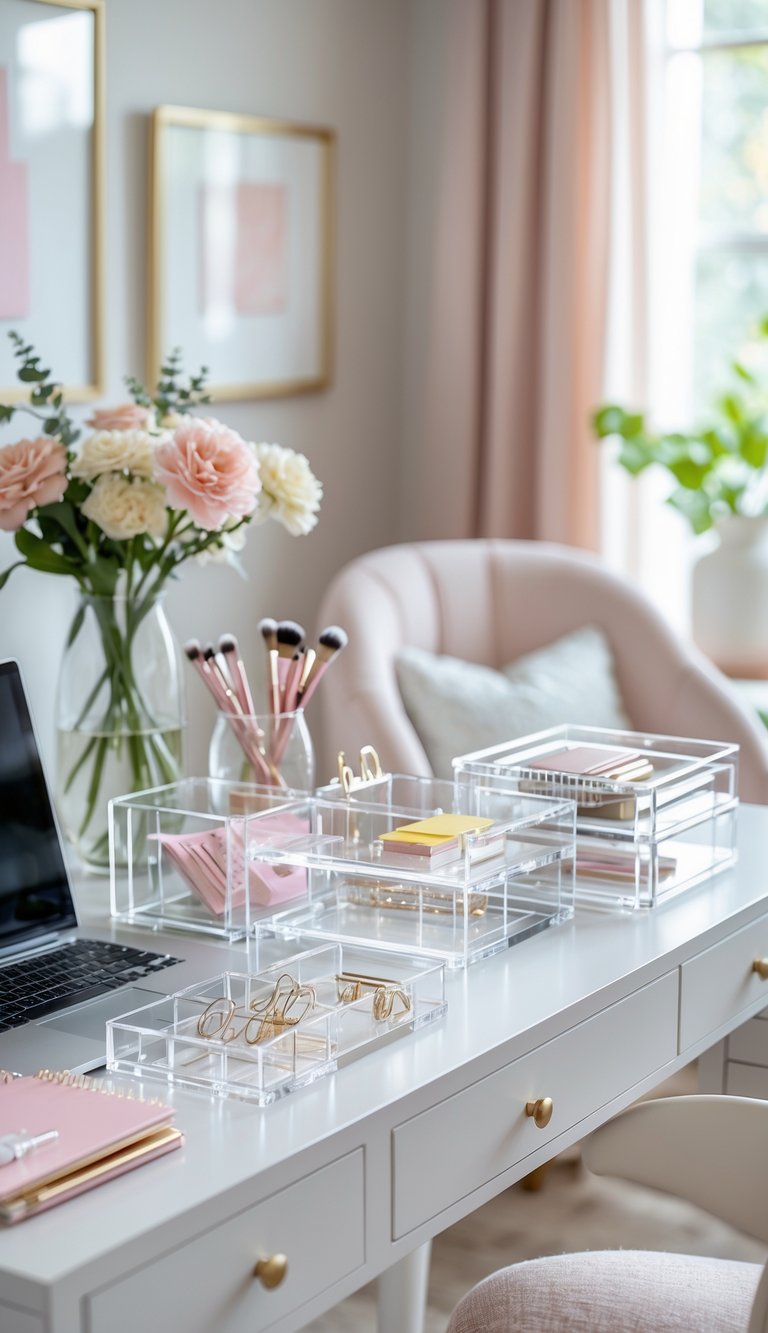 A clean and organized feminine home office desk with clear acrylic organizers holding office supplies, a laptop, flowers, and soft natural light.
