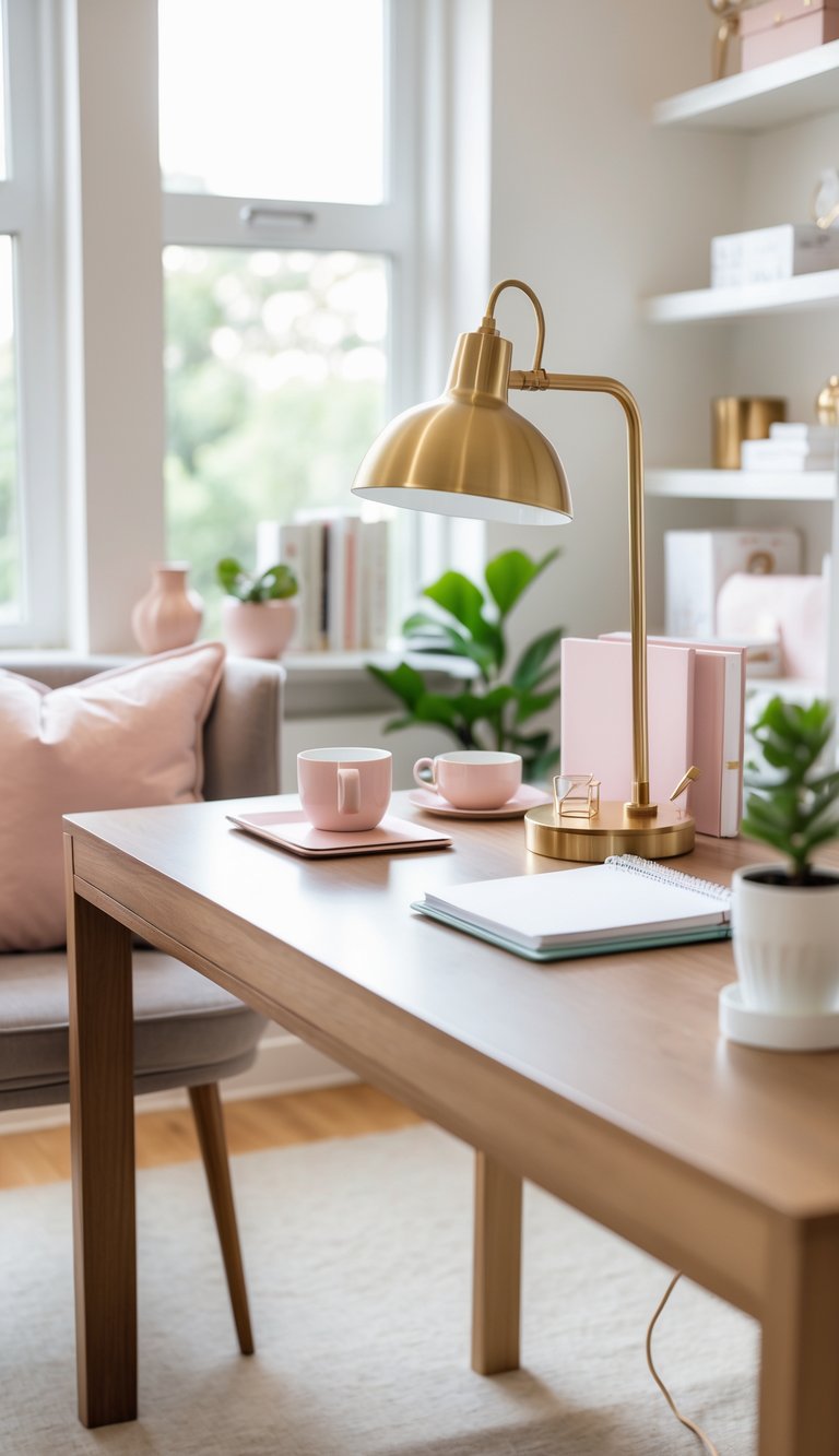 A tidy home office desk with a brass desk lamp, chair, notebook, coffee cup, and a small plant near a window.