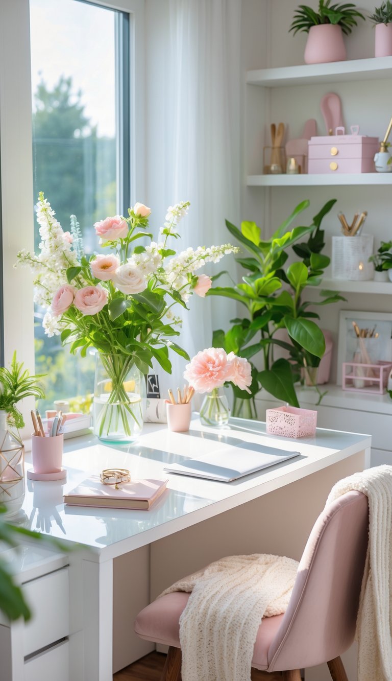 A home office desk with fresh flowers in a vase and green plants nearby, bathed in natural light.