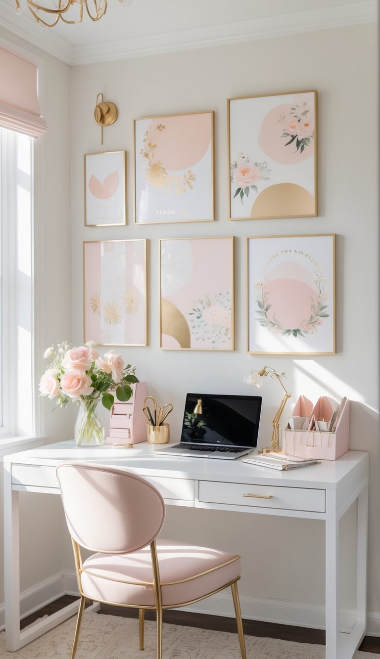 A bright home office with a desk, framed feminine art prints on the wall, a vase of flowers, and natural light coming through a window.