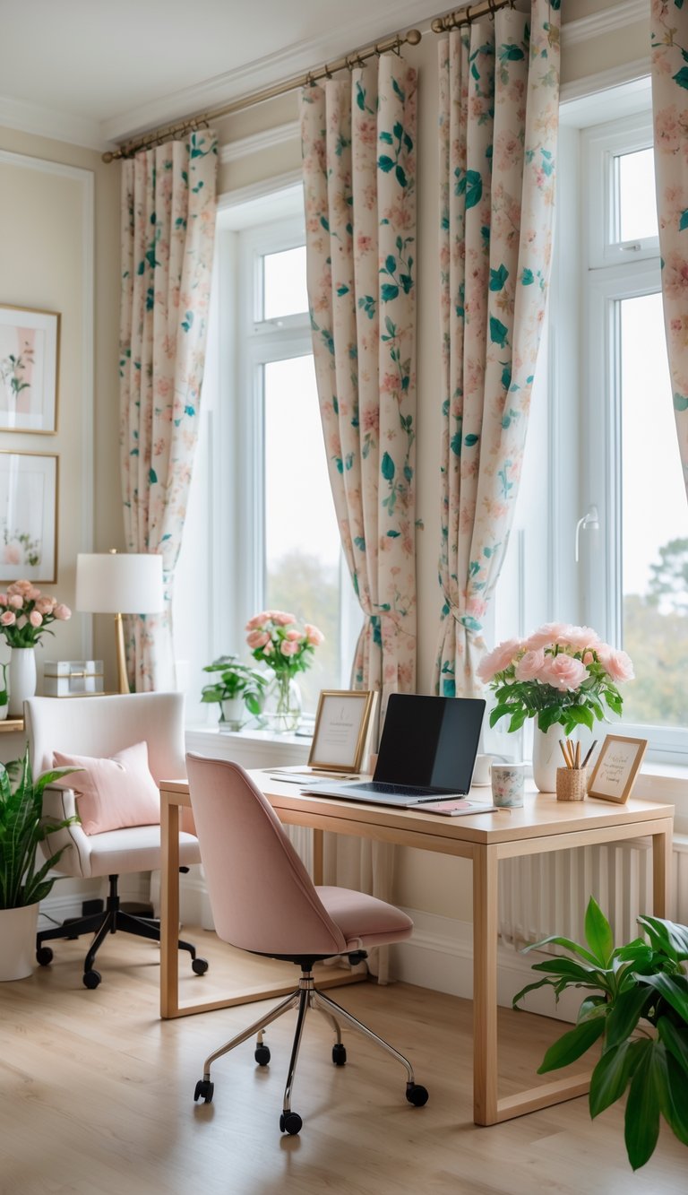 A home office with floral curtains, a wooden desk with a laptop, a chair, plants, and decorative items in a well-lit room.