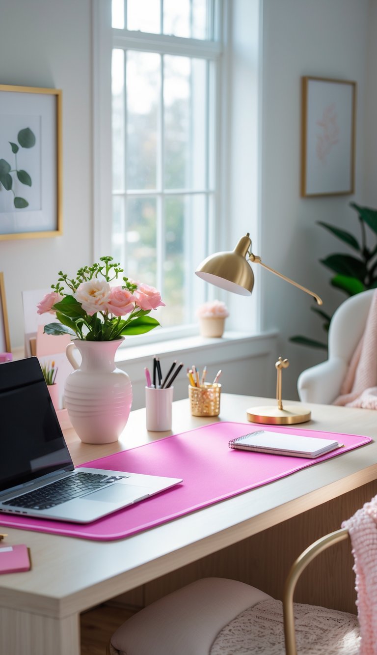 A neat home office desk with a pink desk mat, laptop, flowers in a vase, a desk lamp, and stationery, with a chair and decor in the background.