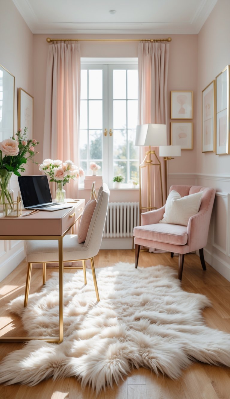 A feminine home office with a wooden desk, chair, fresh flowers, framed art, and a cozy faux fur rug on the floor.