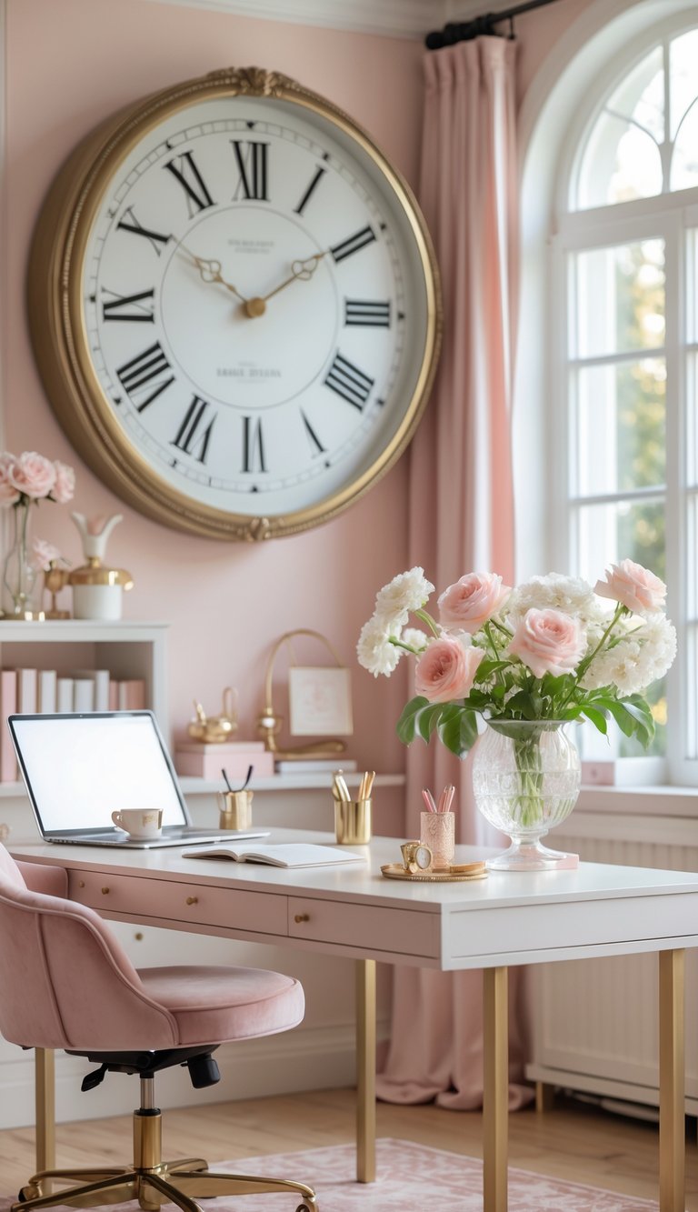 A tidy home office with a desk, laptop, flowers, and a vintage-style clock on the wall.