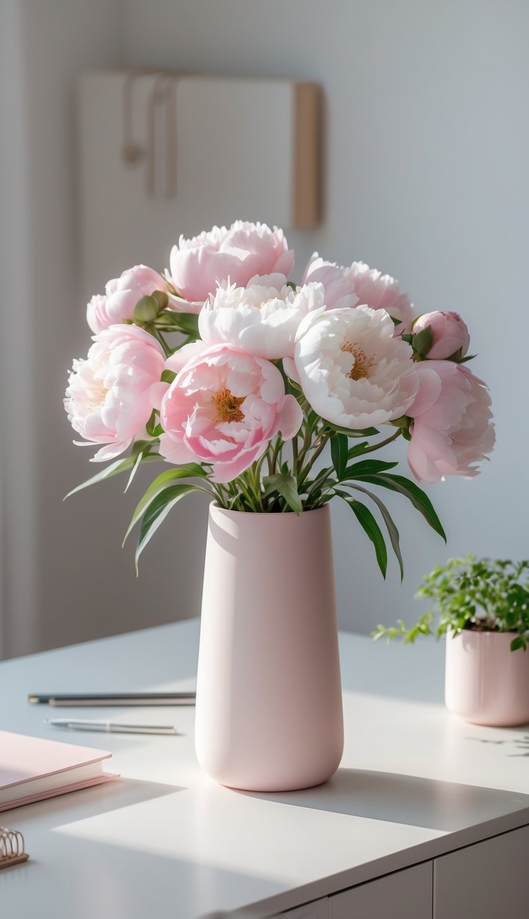 A minimalist vase with pink and white peonies on a clean desk in a home office.
