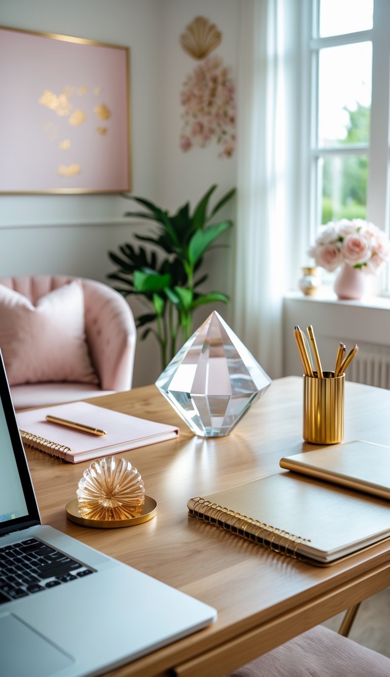 A bright home office desk with a crystal paperweight, laptop, notebook, pen holder, and a small plant, surrounded by feminine decorative elements.