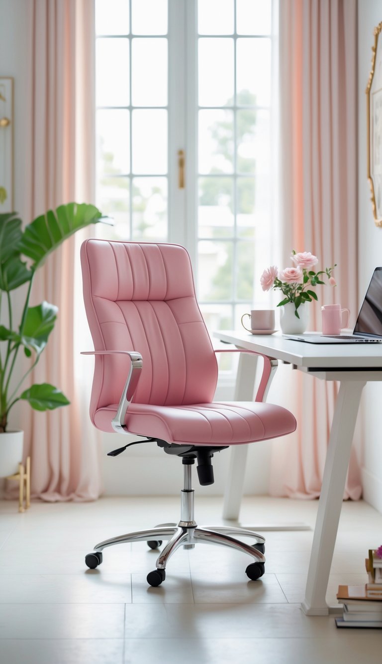 A home office with a pink leather task chair at a modern desk near a window with natural light.