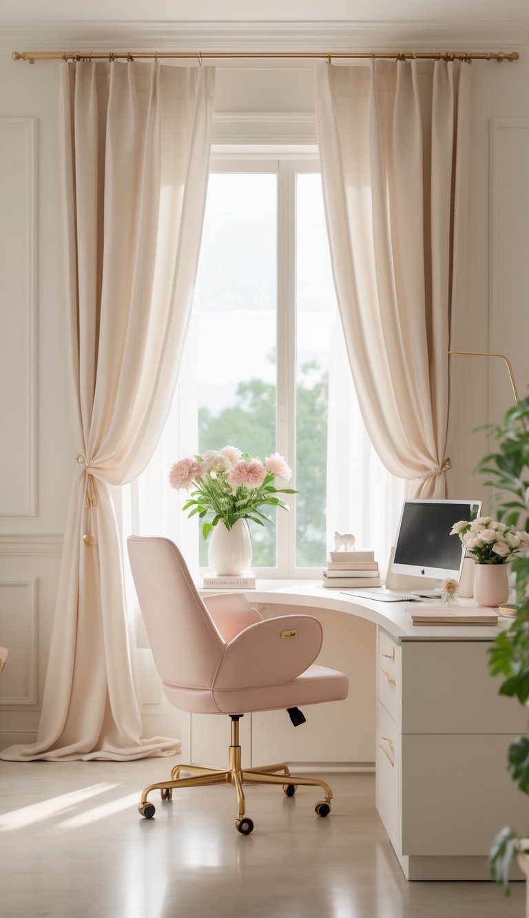 A bright home office with soft fabric curtains, a desk with a laptop, a chair, flowers, and a potted plant.