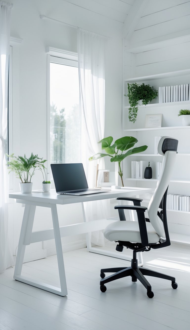 A bright home office with a desk, laptop, chair, shelves, and plants in a well-lit room.