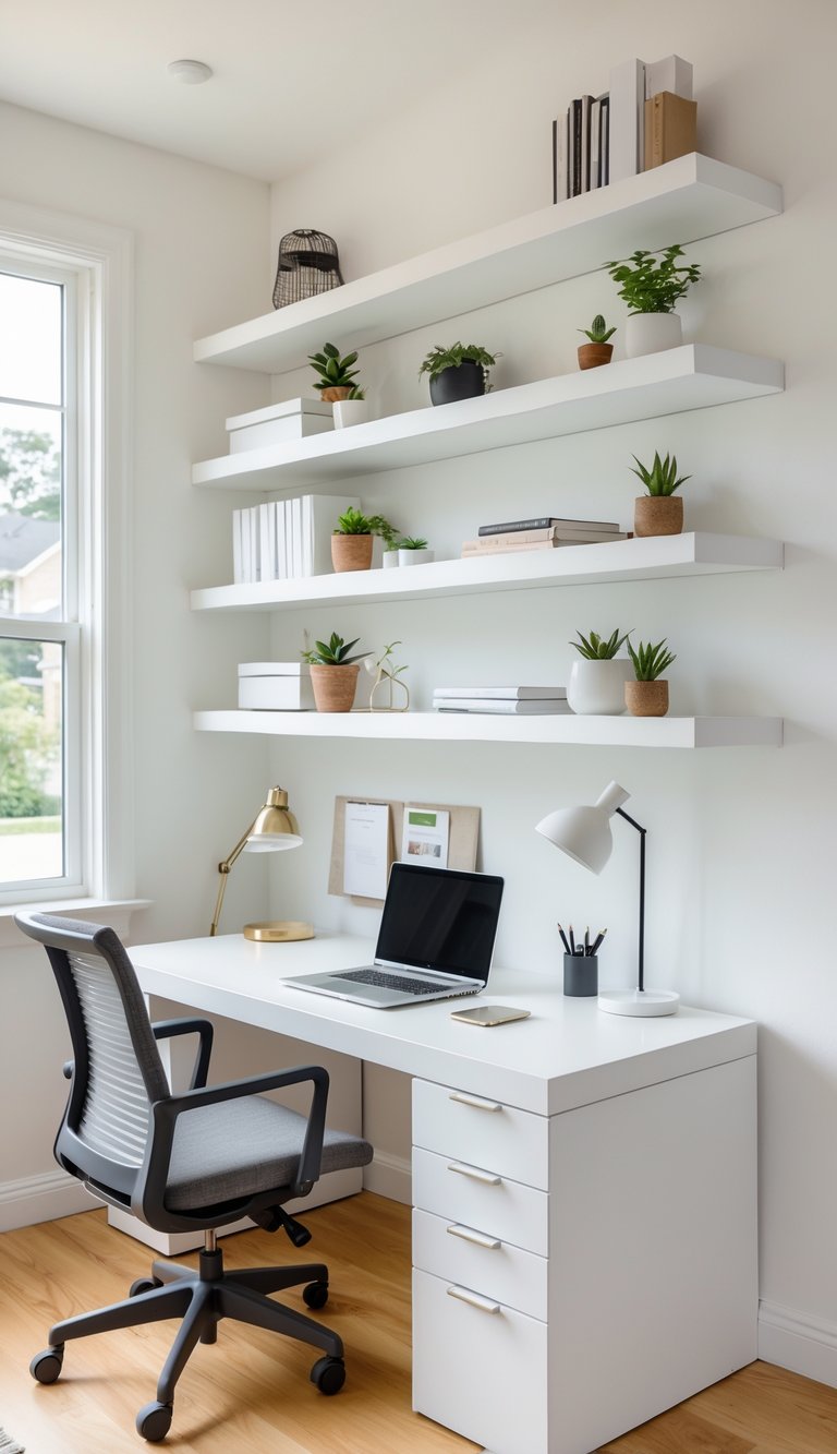 A home office with white floating shelves holding plants, books, and office supplies above a white desk with a laptop and chair.