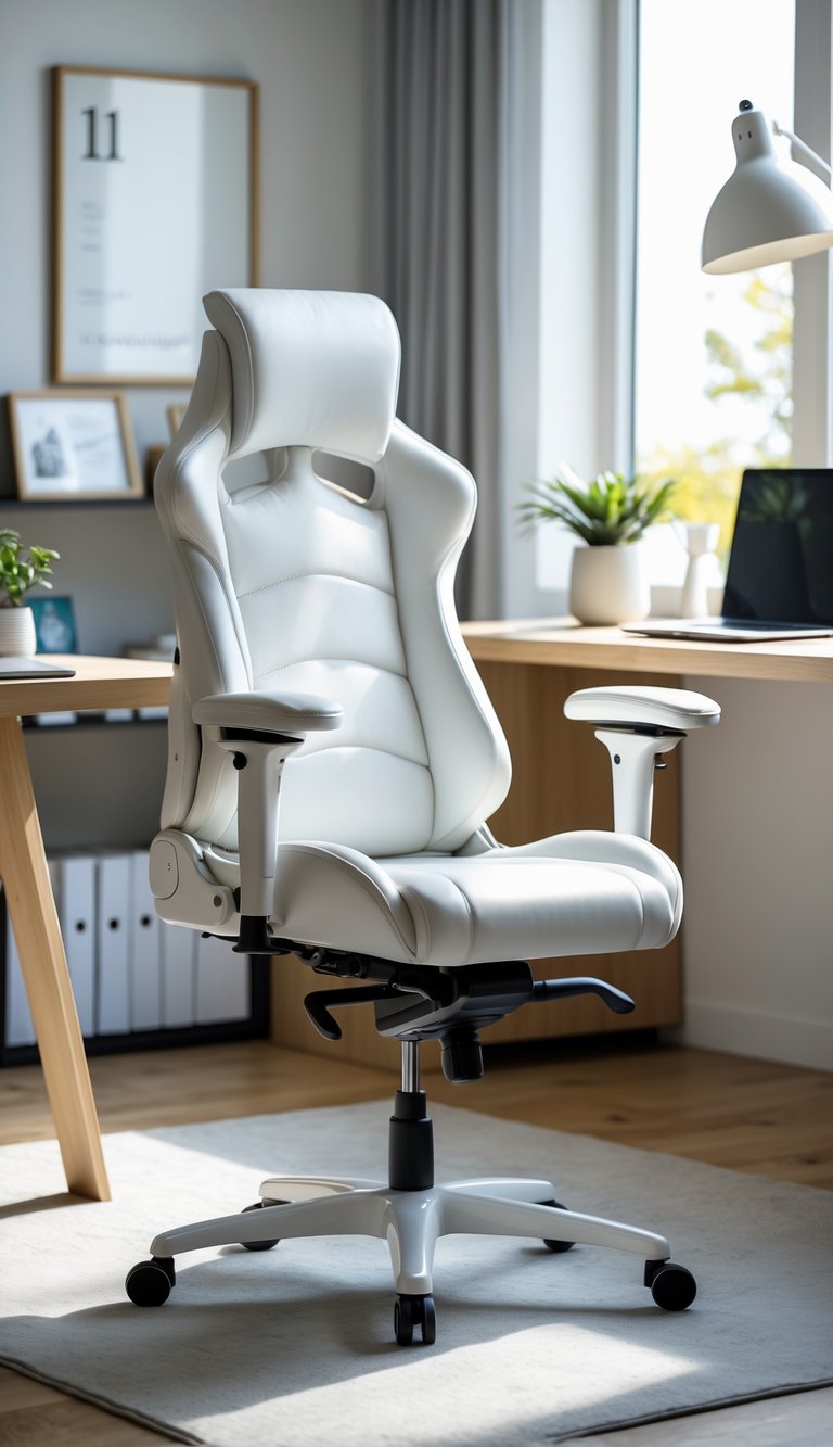 A white leather office chair in front of a wooden desk with a laptop and a plant in a bright home office.