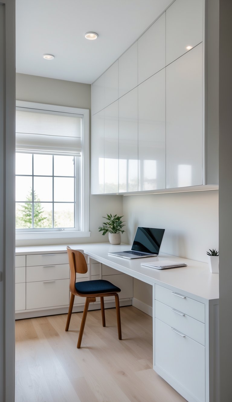 A bright home office with wall-to-wall white cabinets and a wooden desk with a laptop and a plant.