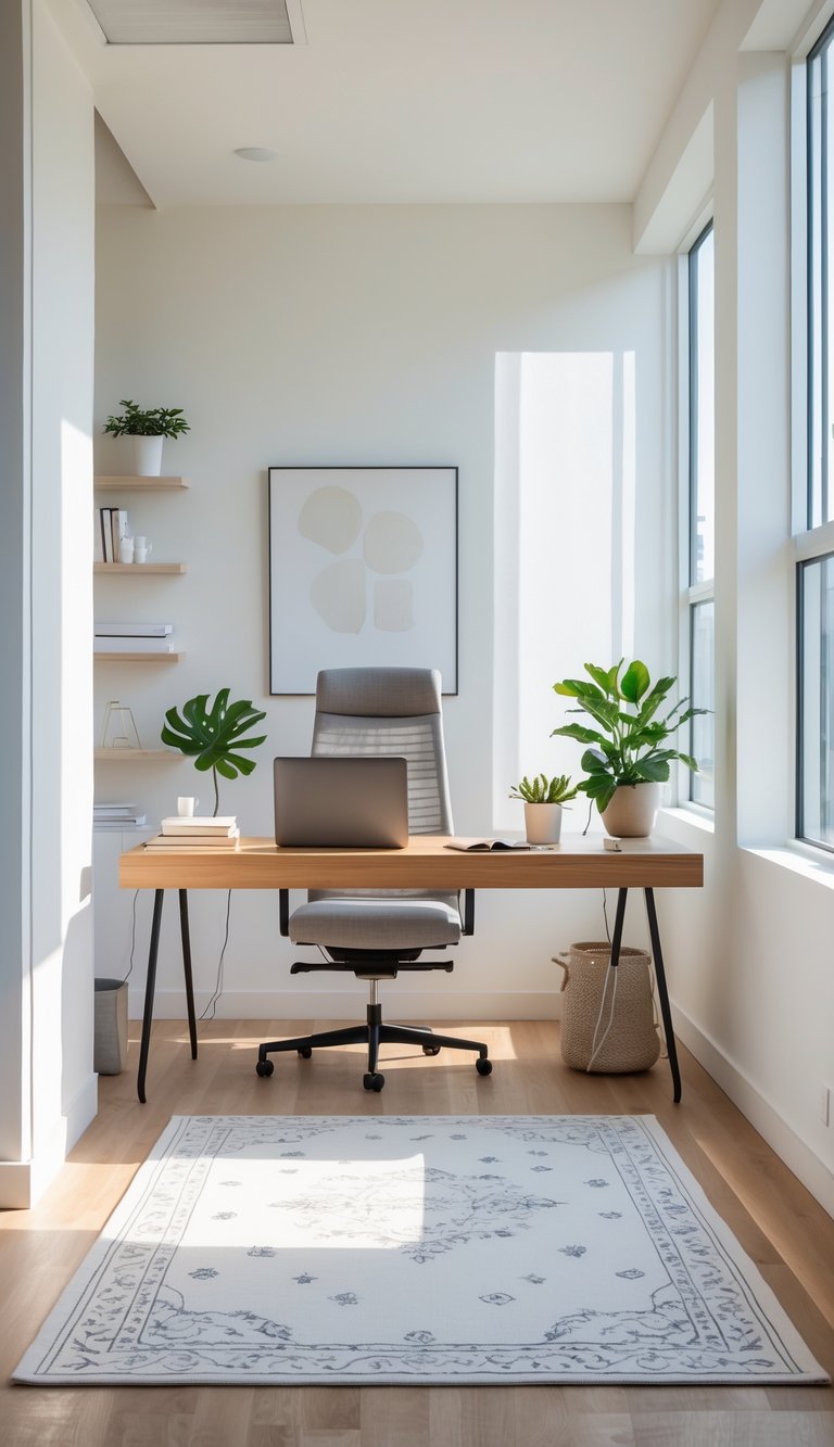 A bright home office with a wooden desk, ergonomic chair, and a white patterned area rug on the floor.