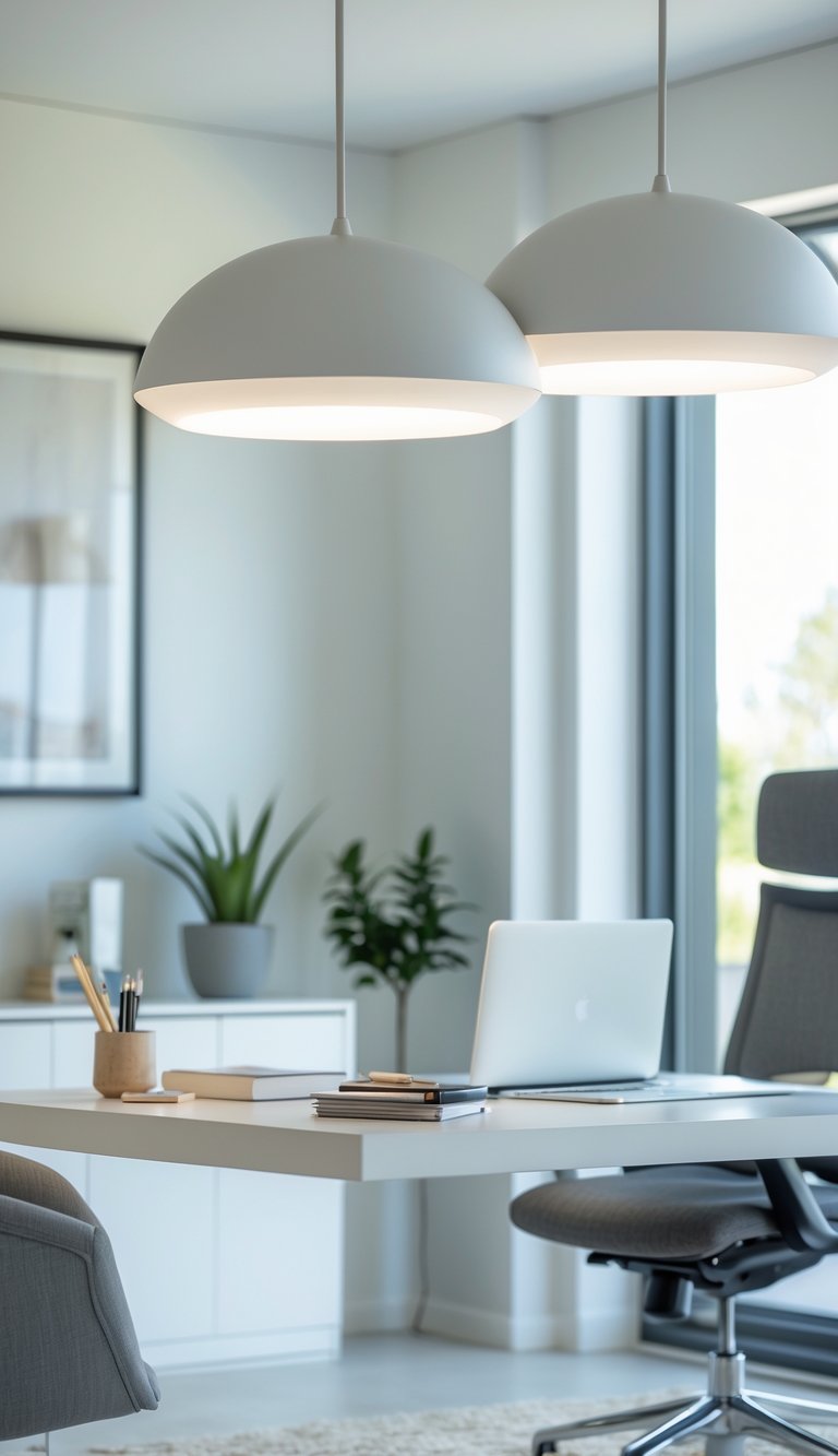 A bright home office with white pendant lights hanging above a desk with a laptop and chair near large windows.