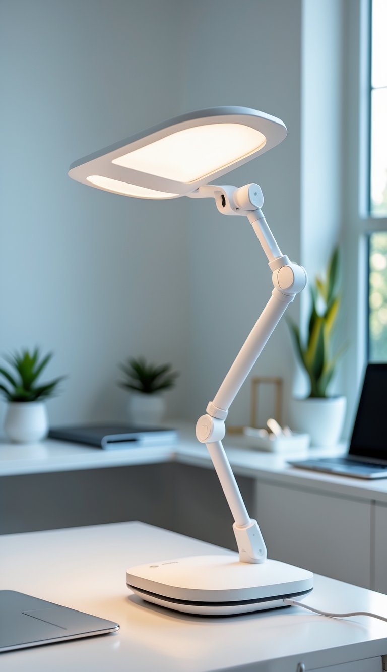 A white desk lamp with an adjustable arm on a white office desk in a home office setting.