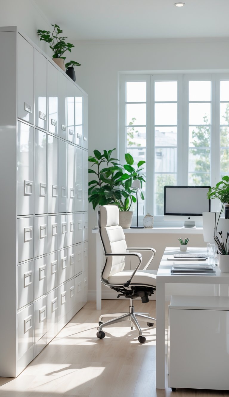 A bright home office with glossy white filing cabinets, a white desk, an ergonomic chair, and green plants near large windows.