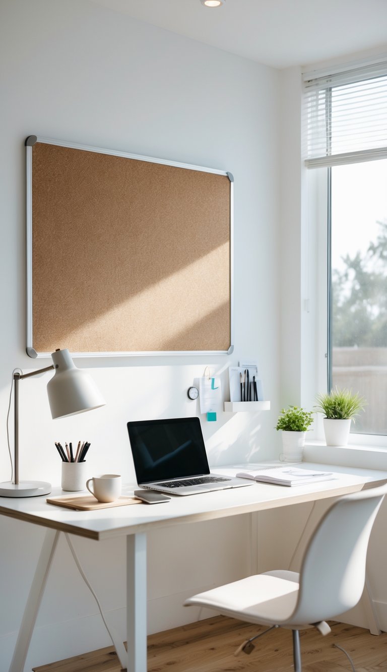 A bright home office with a white corkboard on the wall, a wooden desk with a laptop, lamp, and office supplies.