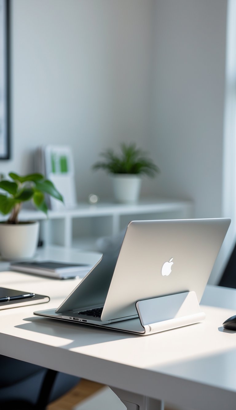 A white laptop stand on a desk with a closed laptop, a plant, a mouse, and a notebook in a home office setting.
