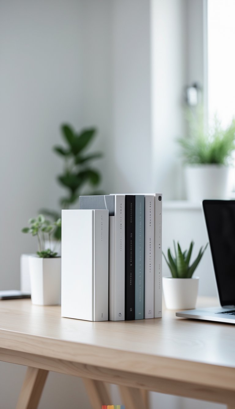 A clean home office desk with white bookends holding books, a laptop, and a small plant in the background.
