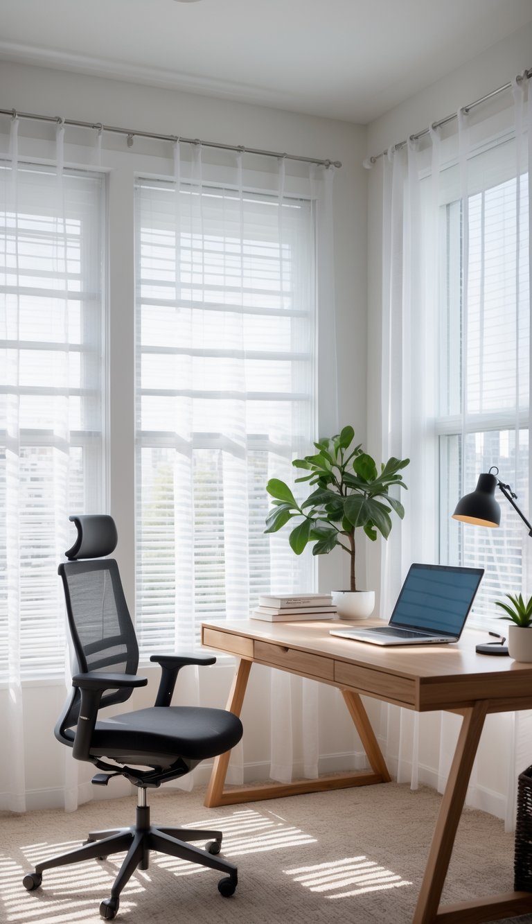A home office with large windows covered by white blinds or sheer curtains, a wooden desk with a laptop, chair, and a small plant.