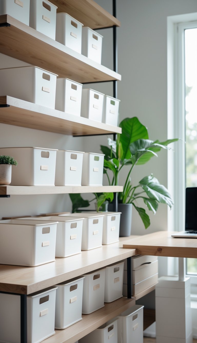 A home office with white storage bins on shelves, a wooden desk with a laptop, and a green plant near a window.
