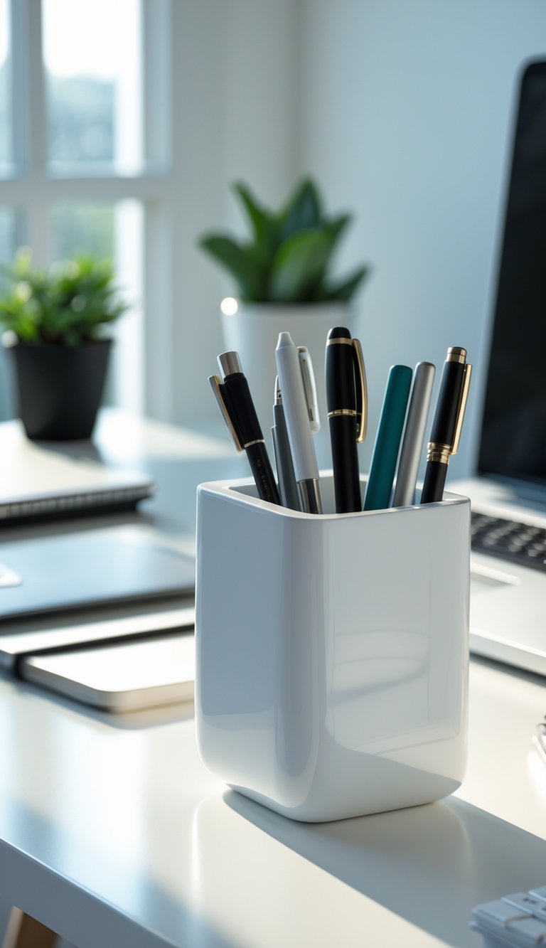 A white glossy pen holder with pens and pencils on a home office desk surrounded by a laptop, notebook, and a small plant.