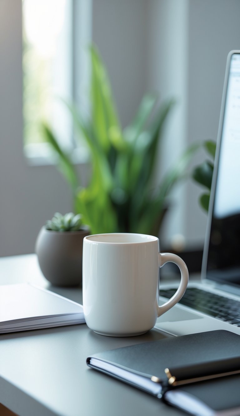 A white ceramic mug on a desk with a laptop, notebook, pen, and a small plant.