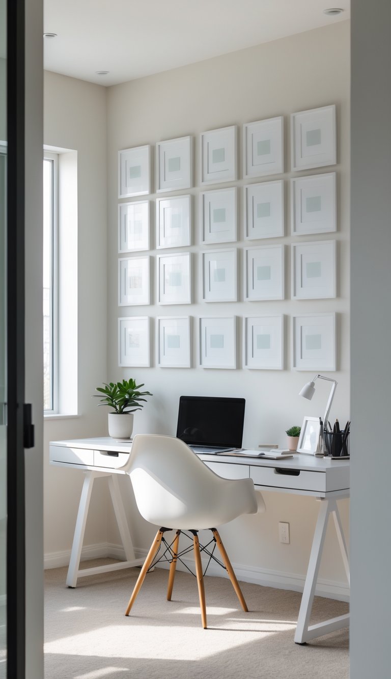 A bright home office with a white desk, laptop, chair, potted plant, and multiple white photo frames on the wall.