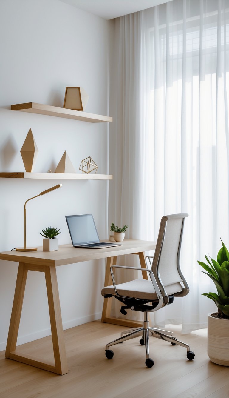 An organized office workspace with a wooden desk, laptop, desk lamp, small plant, floating shelves with decorations, and a chair near a window with natural light.