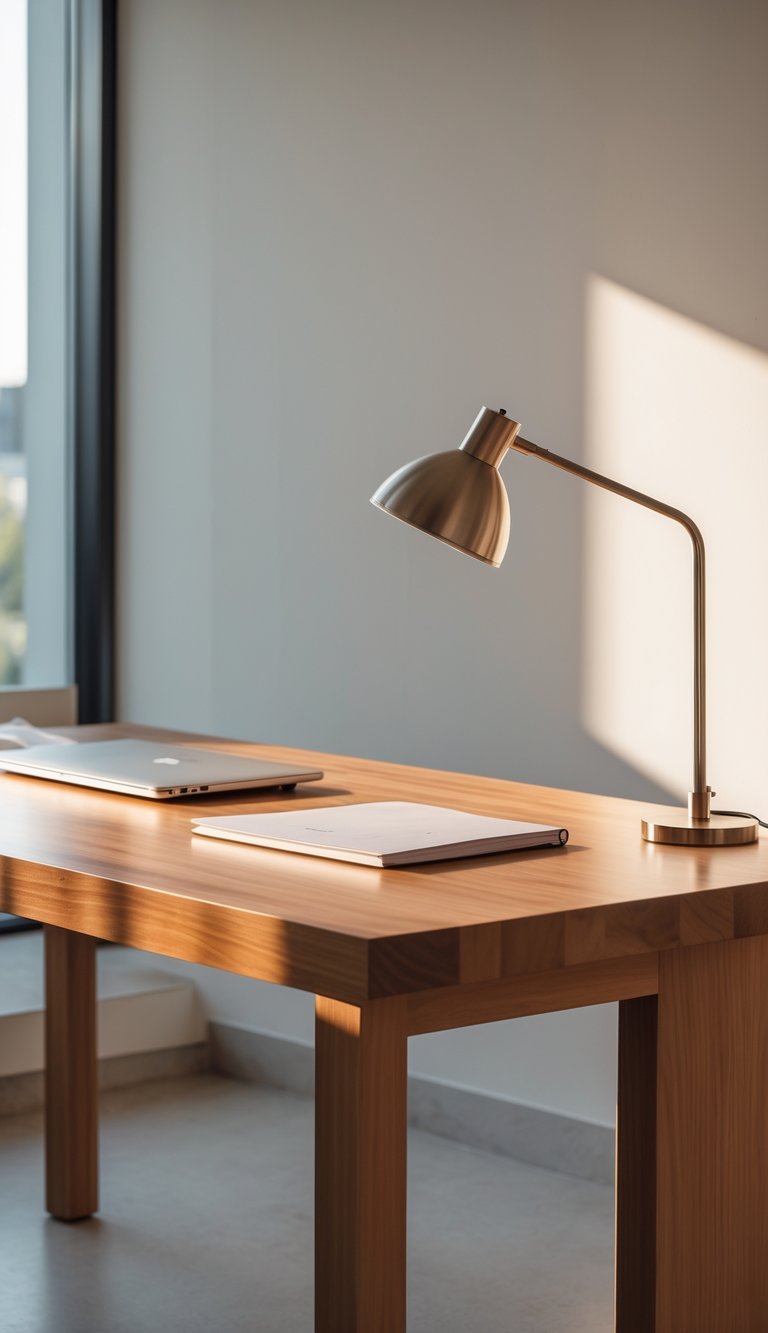 A modern office workspace with a wooden desk, laptop, notebook, and desk lamp near a window.