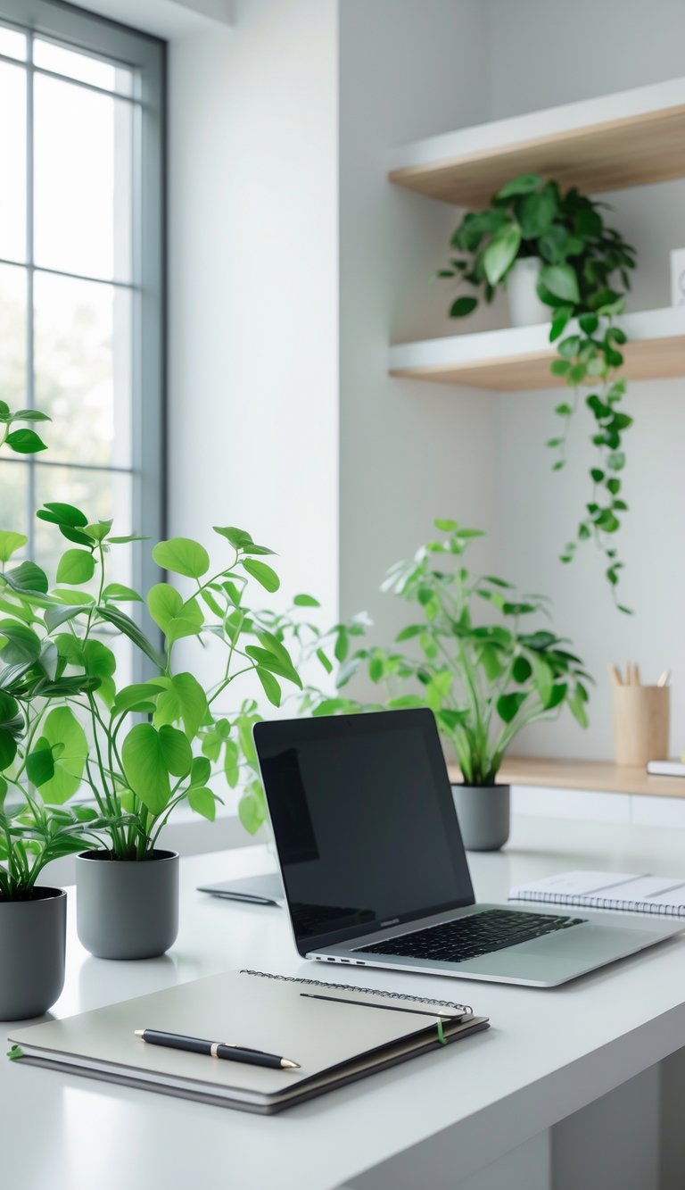A tidy office desk with a laptop, notebook, and small potted plants, with shelves and natural light in the background.
