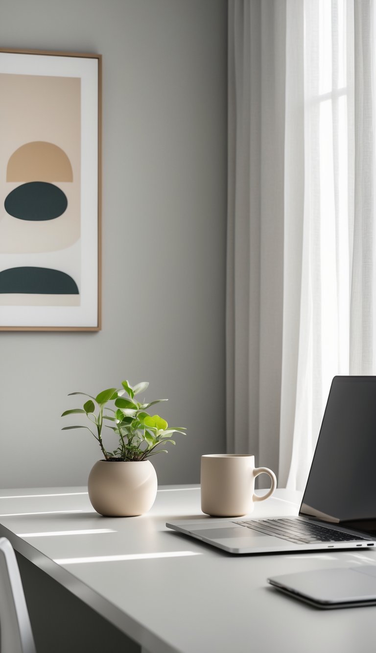 A clean office desk with a laptop, mug, and small plant in a bright room with light walls and a framed artwork.