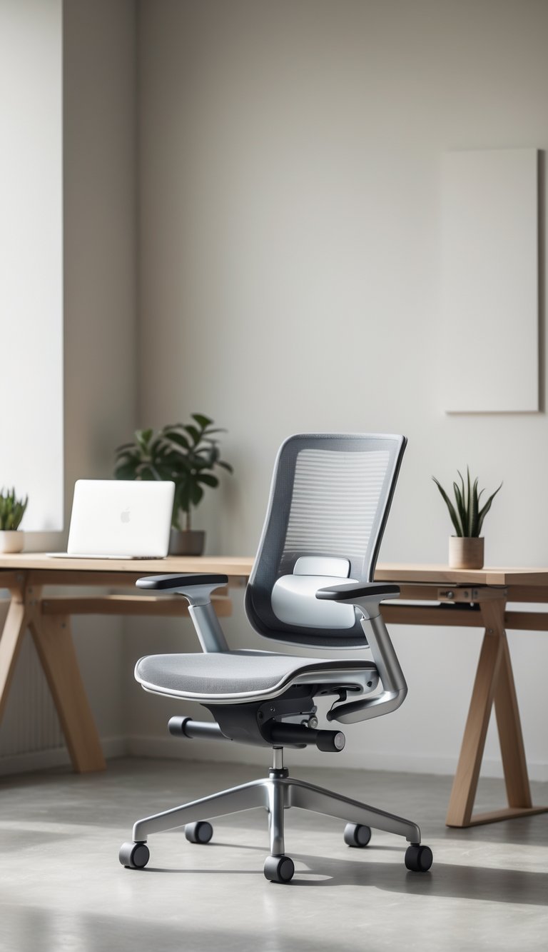 An ergonomic office chair next to a wooden desk in a clean, organized office space with a plant and laptop.