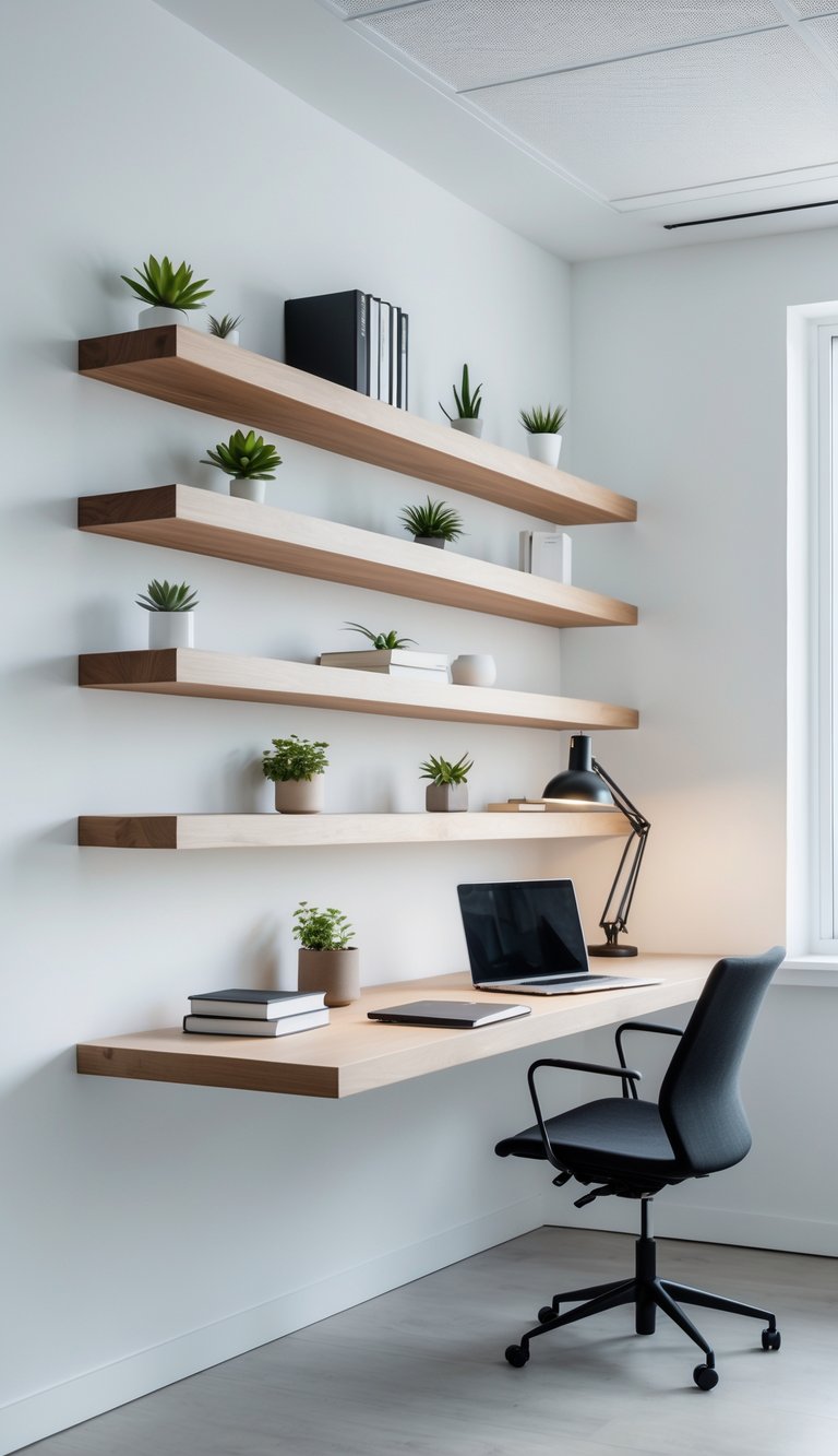 A clean office with floating wooden shelves mounted on a white wall above a tidy desk with a laptop and desk lamp.