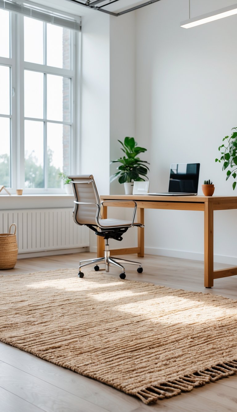 A minimalist office with a wooden desk, ergonomic chair, natural fiber rug, and a small plant near a window with natural light.