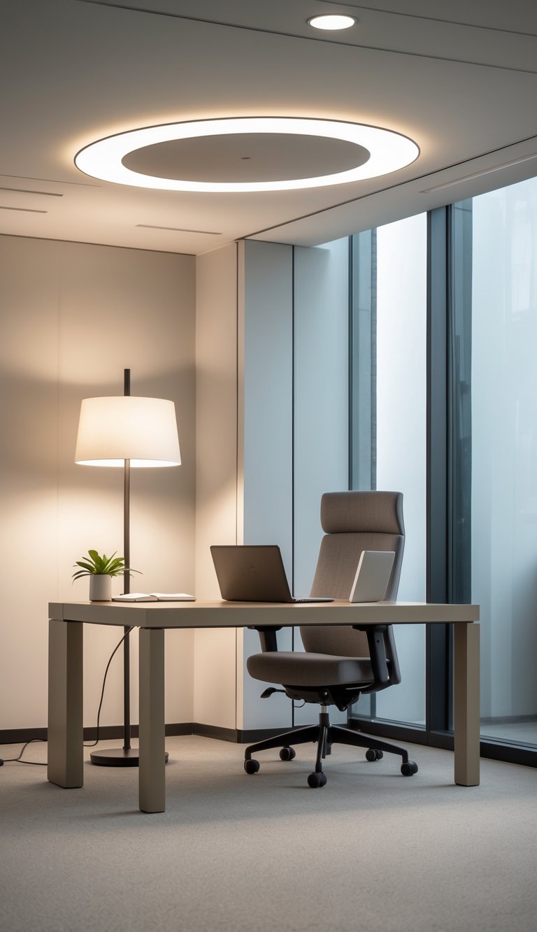 A modern office workspace with a desk, chair, floor lamp, and ceiling light fixture.