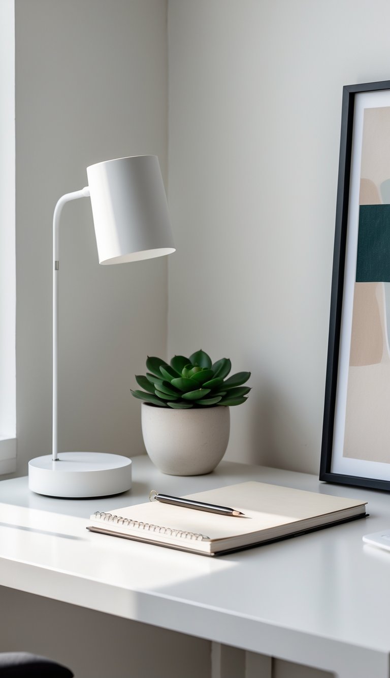A clean office desk with a lamp, a small plant, a notebook with a pen, and a framed art piece against a light wall.