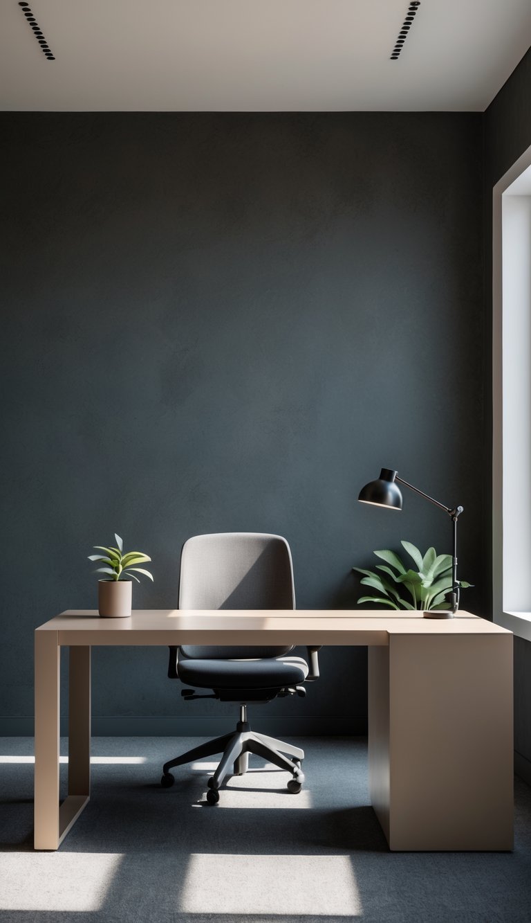 A tidy office room with dark gray walls, a wooden desk, an office chair, a small plant, and a desk lamp near a large window.