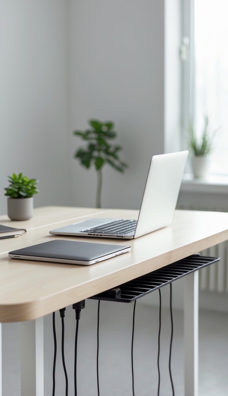 A clean modern office desk with hidden cables, a laptop, keyboard, mouse, and a small plant on a wooden surface.