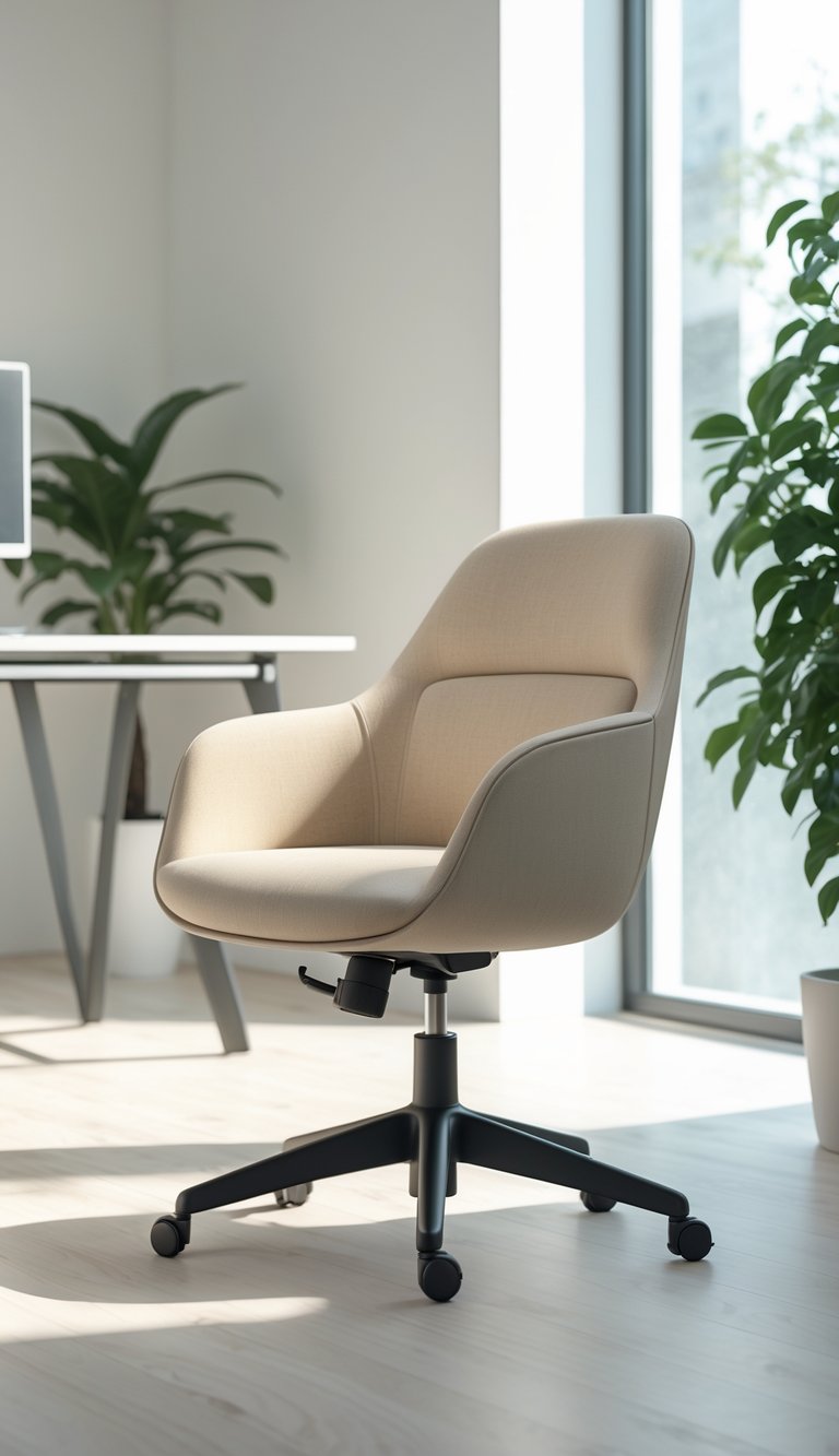 A beige swivel chair in a bright, clean office space with a desk and a plant nearby.