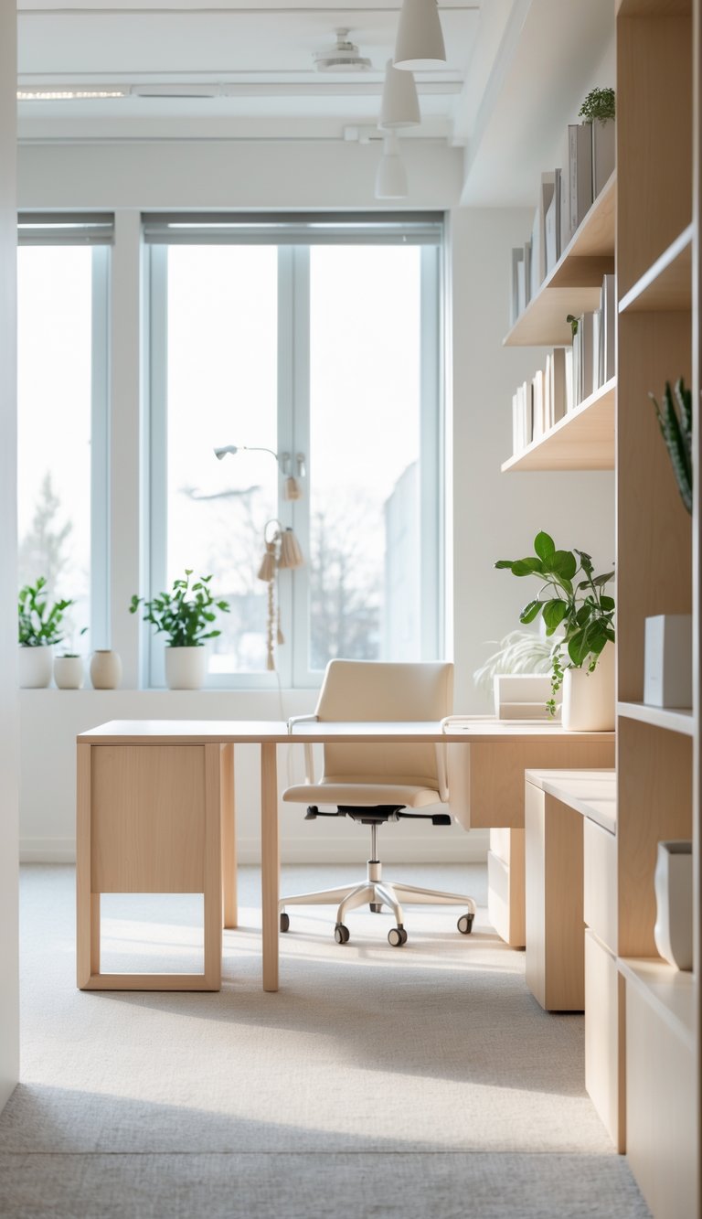 A bright and tidy office workspace with a desk, chair, plants, and shelves, illuminated by natural light.