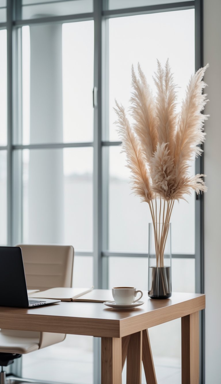 A minimalist office workspace with a wooden desk, laptop, coffee cup, and a vase of pampas grass near a large window.