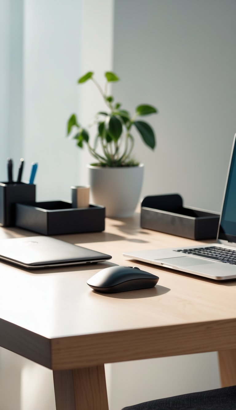 A tidy office desk with a laptop, pen holder, file tray, and a small plant, all arranged neatly on a wooden surface.