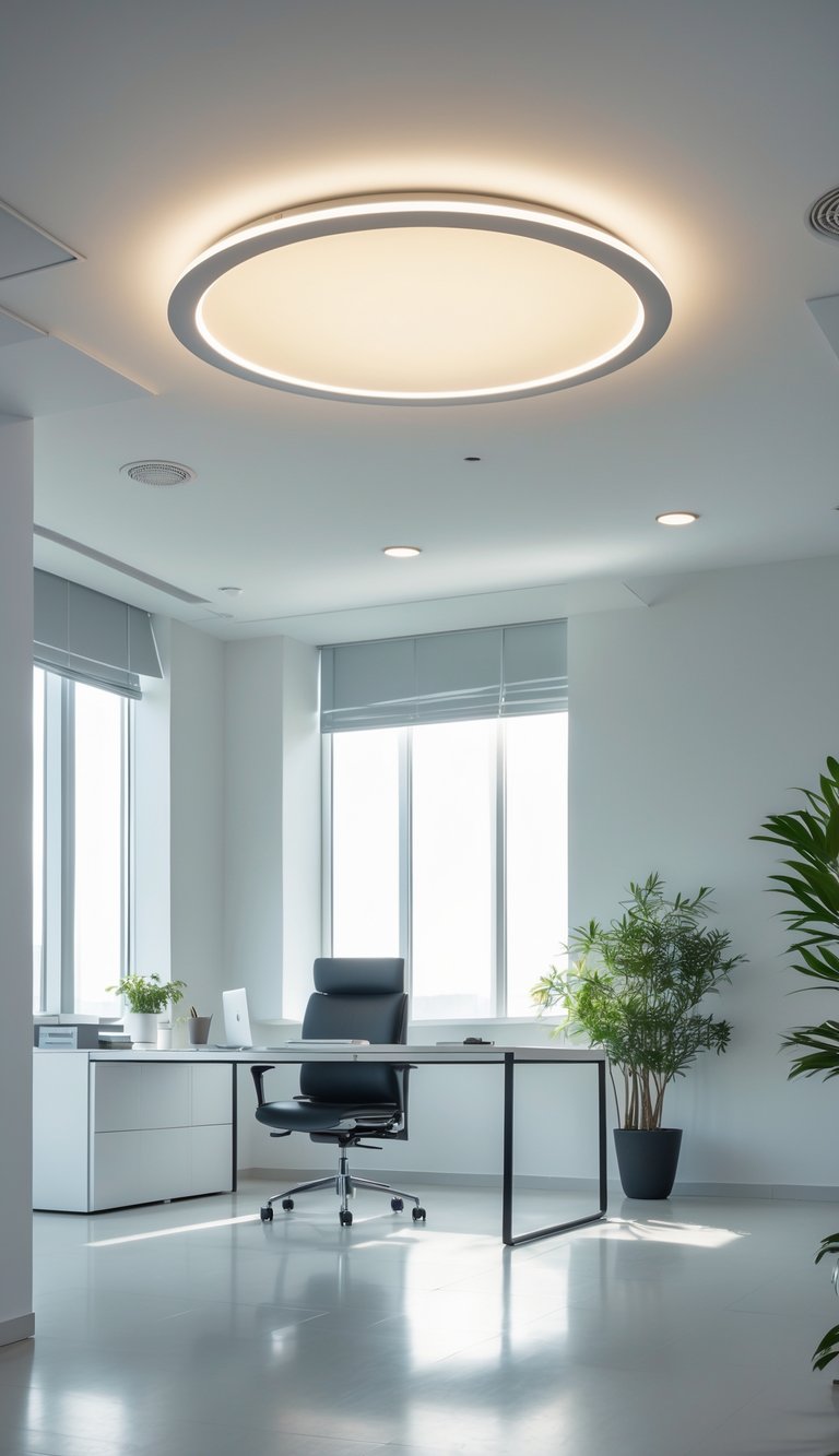 A modern office interior with a sleek desk, chair, small plant, and a minimalist ceiling light fixture providing soft lighting.