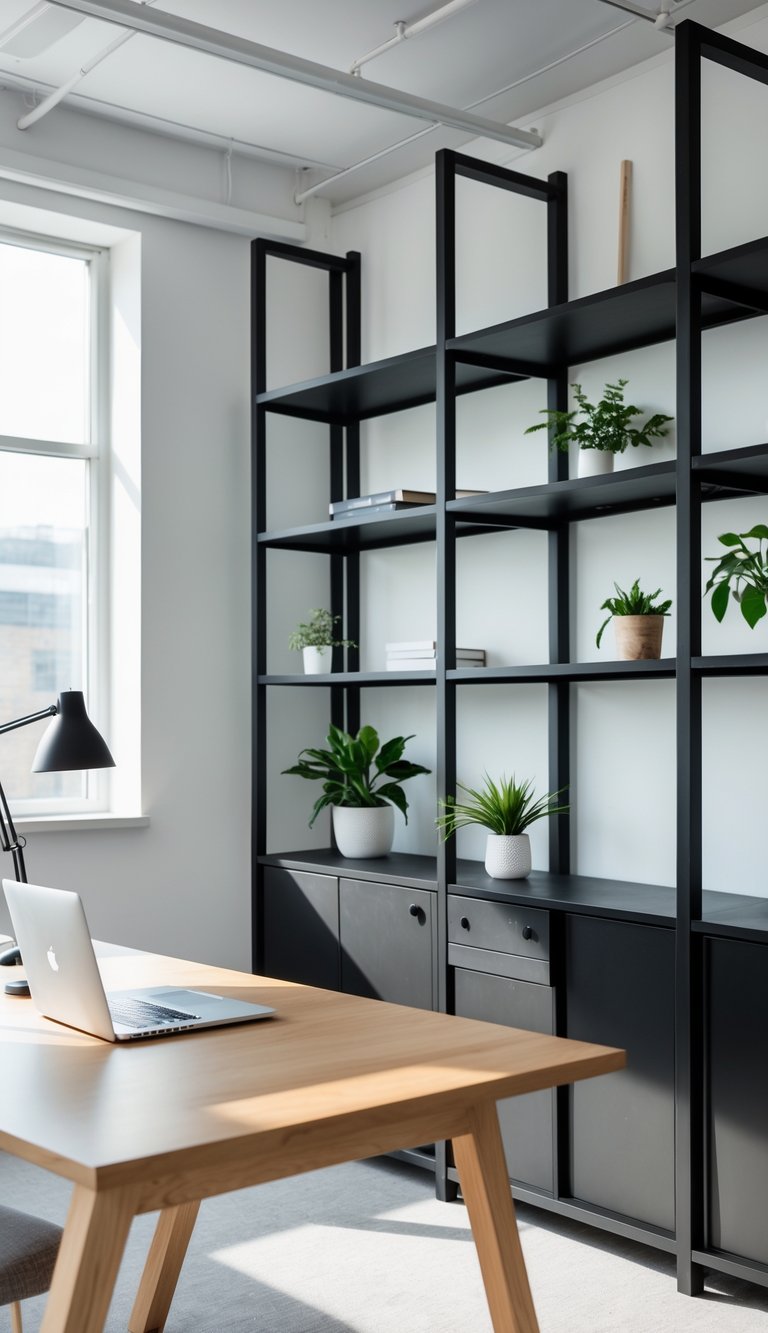 A tidy office workspace with black shelves holding plants and office items, a wooden desk with a laptop, and natural light coming through windows.