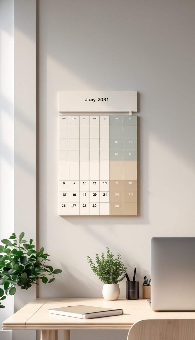 A tidy office desk with a simple wall calendar in neutral colors hanging on a light wall, accompanied by a laptop, a small plant, and minimal office supplies.
