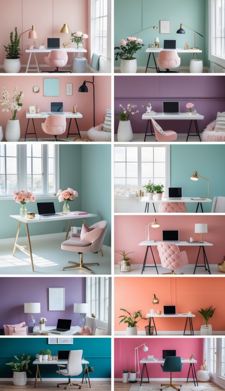 A collage of home office spaces featuring 19 different wall colors with desks, chairs, and decorative items arranged in bright, well-lit rooms.