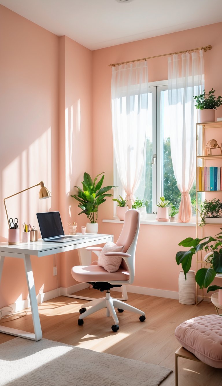 A feminine home office with soft peach walls, a white desk with a laptop, a chair with cushions, plants on the windowsill, and natural light coming through a window.