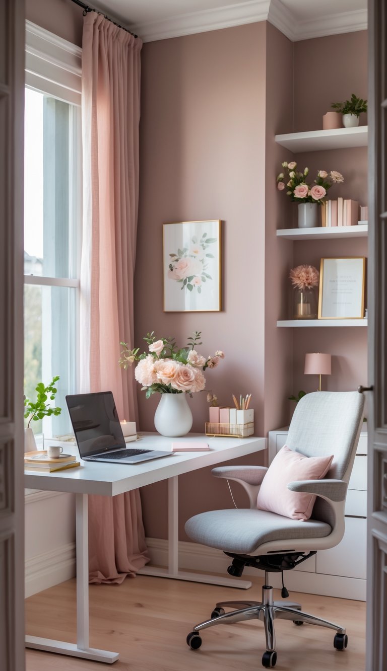A home office with dusty rose-colored walls, a white desk with a laptop and flowers, an ergonomic chair, and shelves with books and plants.