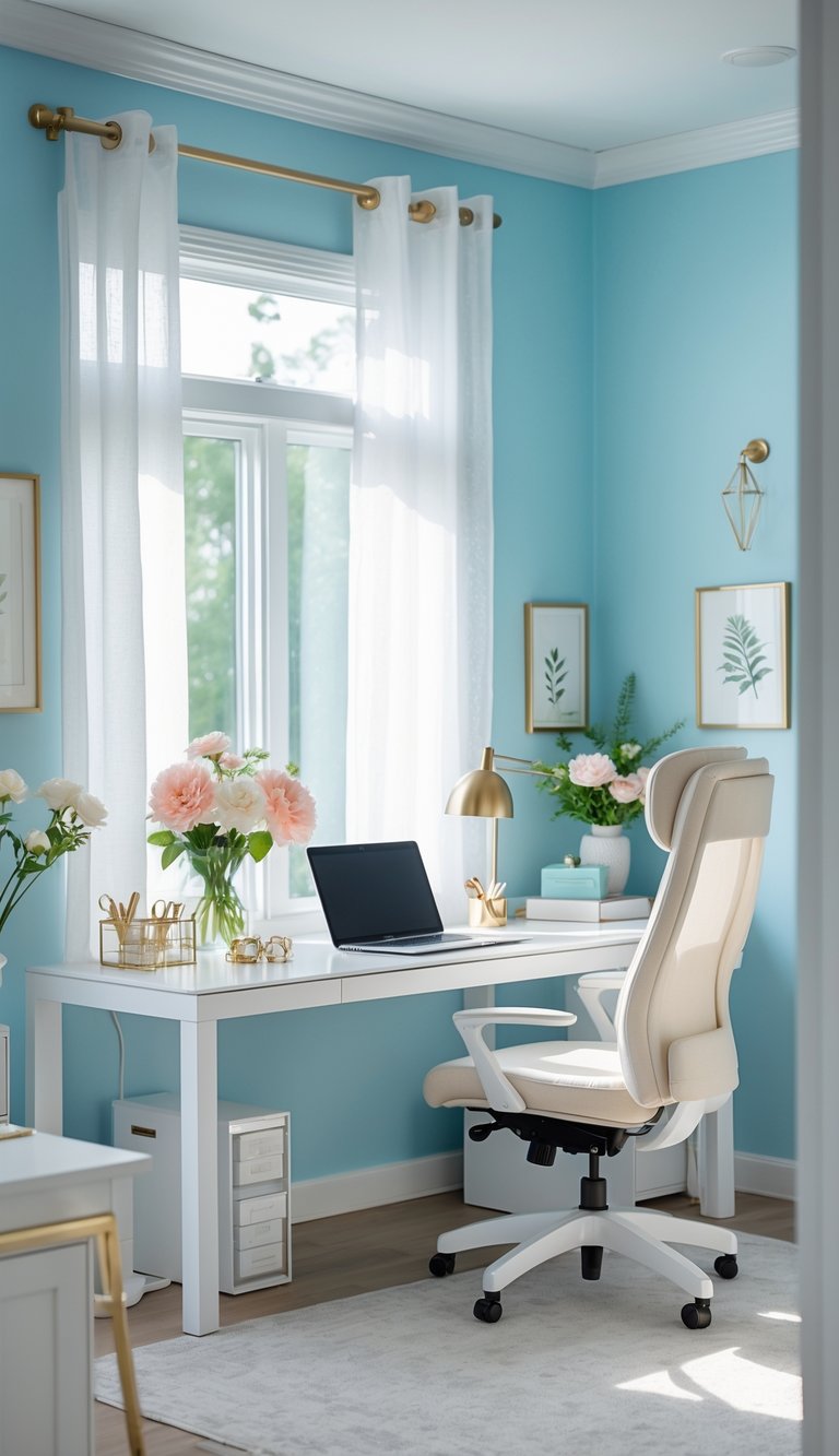 A feminine home office with powder blue walls, a white desk with a laptop, flowers, and a chair near a window with natural light.